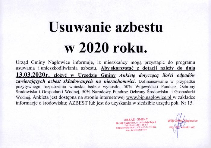 Ogłoszenie - usuwanie azbestu w gminie Nagłowice w 2020 roku