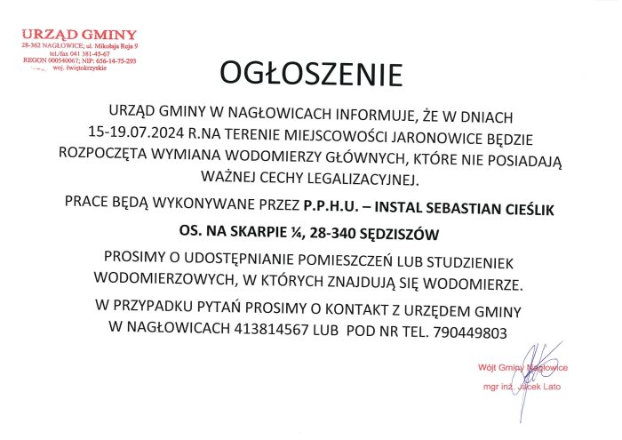 Miniaturka artykułu Ogłoszenie – Wymiana wodomierzy w dniach 15-19.07.2024 w miejscowości Jaronowice