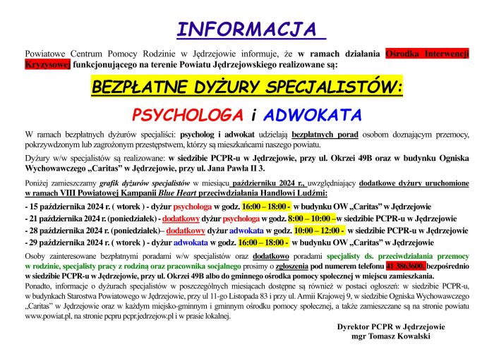 Miniaturka artykułu BEZPŁATNE DYŻURY SPECJALISTÓW  PSYCHOLOGA i ADWOKATA w MIESIĄCU PAŹDZIERNIKU 2024r.