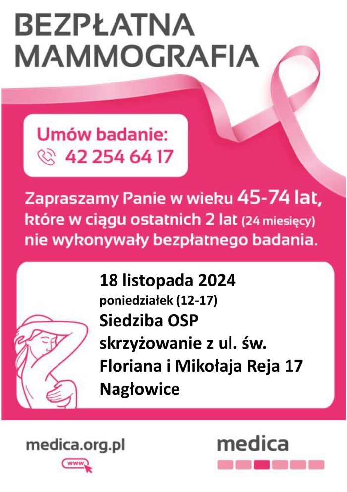 Miniaturka artykułu Bezpłatne badania mammograficzne w Nagłowicach.