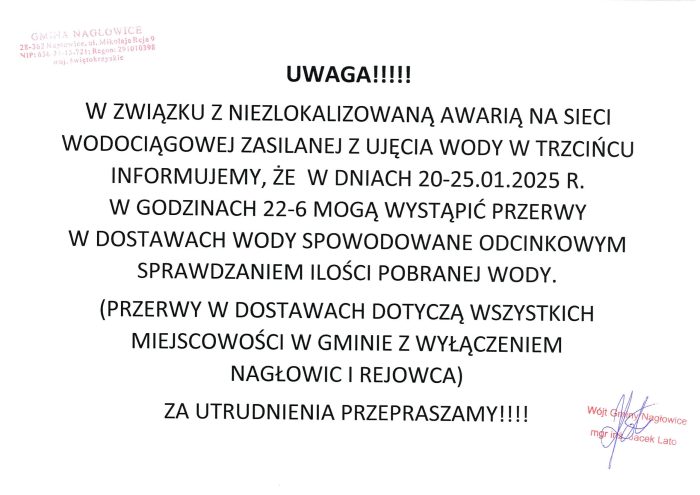 Miniaturka artykułu Uwaga – W związku z awarią sieci wodociągowej nastąpi przerwa w dostawie wody w dniach 20-25.01.2025r. w godz. 22:00-6:00