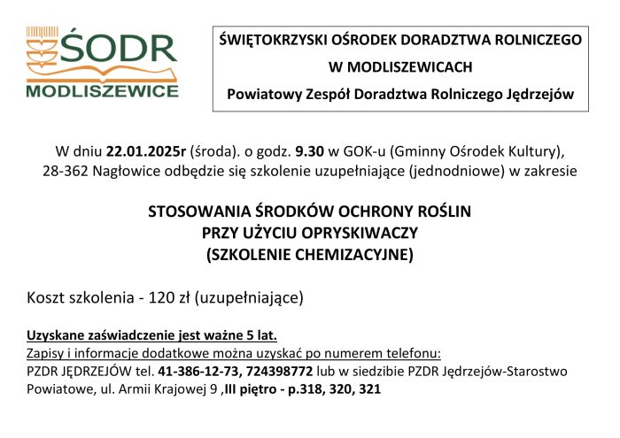 Miniaturka artykułu Szkolenie uzupełniające w zakresie „Stosowania środków ochrony roślin przy użyciu opryskiwaczy” w dniu 22.01.2025 roku w GOK w Nagłowicach