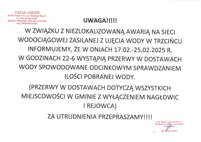 Miniaturka artykułu Uwaga – W związku z awarią sieci wodociągowej nastąpi przerwa w dostawie wody w dniach 17.02.2025-25.02.2025r. w godz. 22:00-6:00