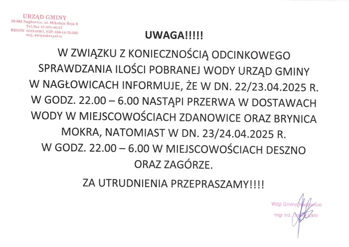 Miniaturka artykułu Przerwy w dostawie wody w dniach 22-23.04.2025 roku