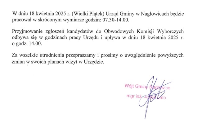 Informacja !!! Urząd Gminy w Nagłowicach w dniu 18.04.2025 roku będzie czynny w godz. 7:30-14:00