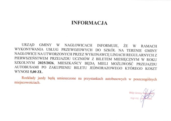 Miniaturka artykułu Informacja dot możliwości przejazdu mieszkańców autobusem dowożącym uczniów do szkoły.