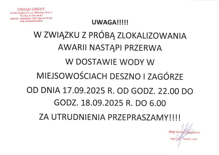 Miniaturka artykułu Przerwy w dostawie wody w miejscowościach Deszno i Zagórze w dniach 17-18.092025r.