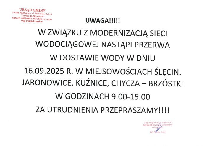 Miniaturka artykułu Ogłoszenie – Przerwy w dostawie wody na terenie Gminy Nagłowice w dniu 16.09.2025r.