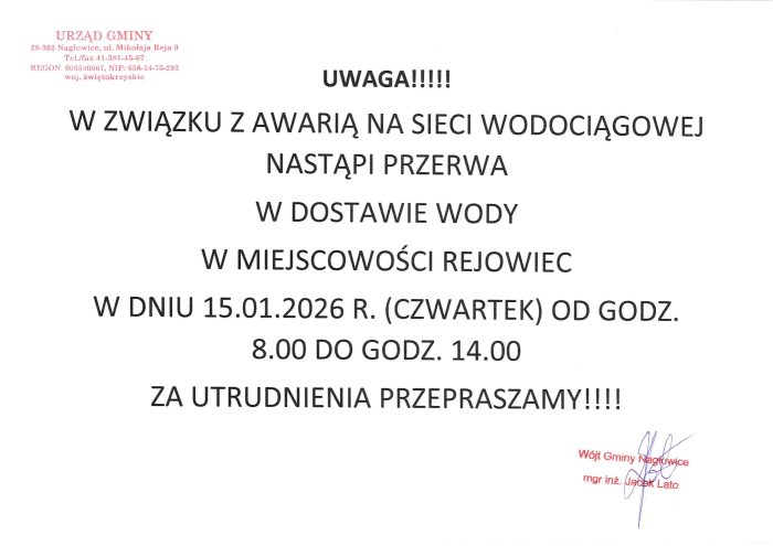 Miniaturka artykułu Ogłoszenie – Przerwy w dostawie wody w dniu 15.01.2026r. w miejscowości Rejowiec