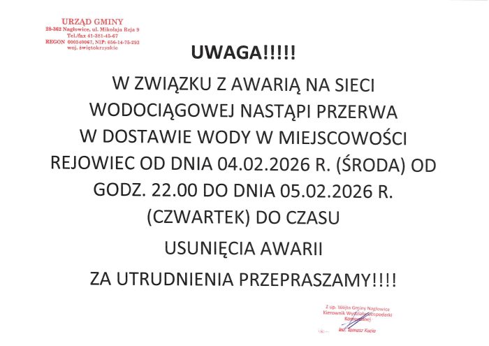 Miniaturka artykułu W związku z awarią sieci wodociągowej nastąpi przerwa w dostawie wody w miejscowości Rejowiec od dnia 04.02.2026 roku od godz. 22:00 do dnia 05.02.2026 do czasu usunięcia awarii
