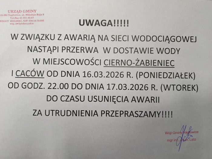 Miniaturka artykułu W związku z awarią sieci wodociągowej nastąpi przerwa w dostawie wody w miejscowości Cierno-Żabieniec i Caców  w dniach 16-17.03.2026r.