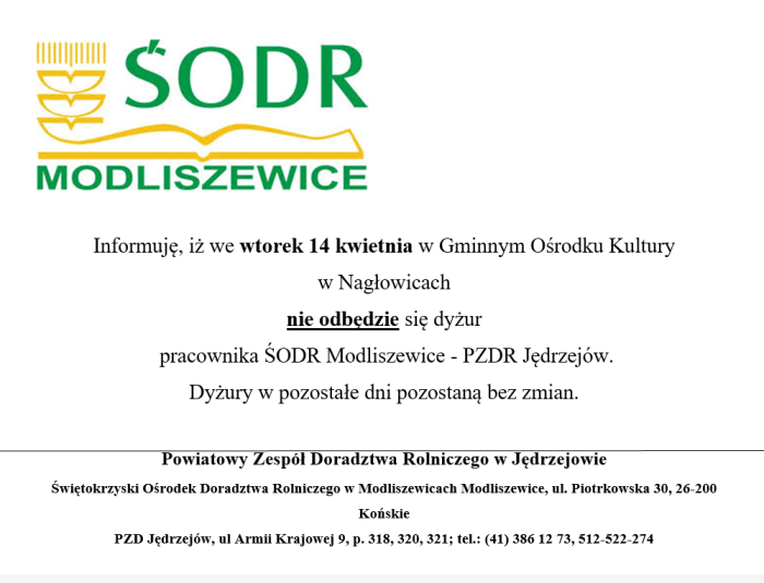 Miniaturka artykułu Informacja o odwołaniu dyżuru pracownika ŚODR w Nagłowicach w dniu 14 kwietnia 2026 roku