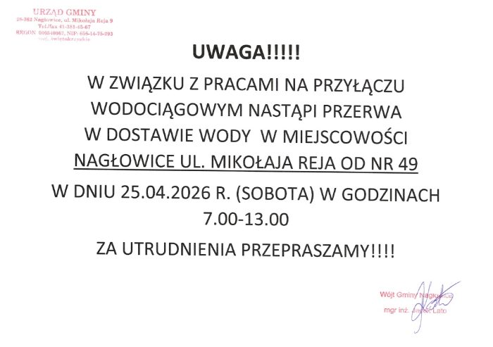 Miniaturka artykułu Uwaga !!! Przerwa w dostawie wody w dniu 25.04.2026r w Nagłowicach ul. Mikołaja Reja od nr 49 .