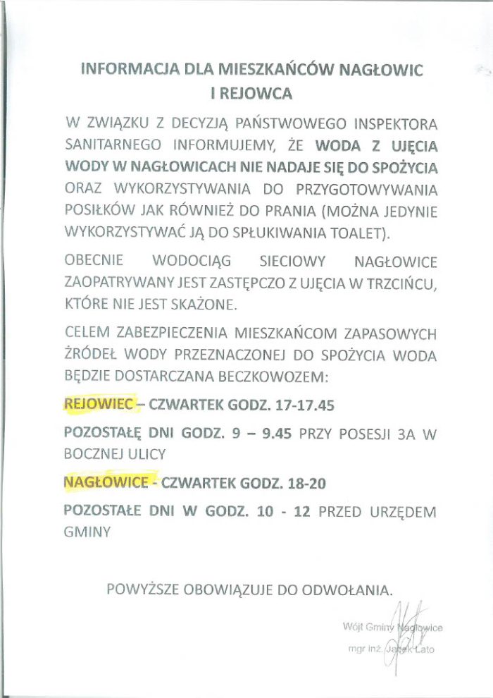 Miniaturka artykułu UWAGA! Komunikat dotyczący przydatności wody do spożycia z wodociągu sieciowego dla mieszkańców Nagłowic i Rejowca