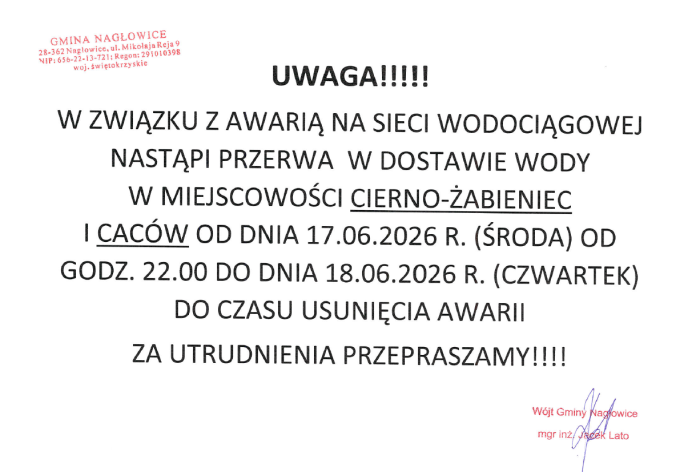 Miniaturka artykułu W związku z awarią sieci wodociągowej nastąpi przerwa w dostawie wody w miejscowości Cierno-Żabieniec i Caców w dniach 17-18.06.2026r.