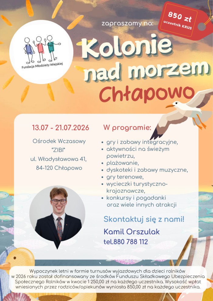 Miniaturka artykułu Fundacji Młodzieży Wiejskiej organizuje letni wypoczynek dla dzieci rolników z dofinansowaniem KRUS – Chłapowo 2026