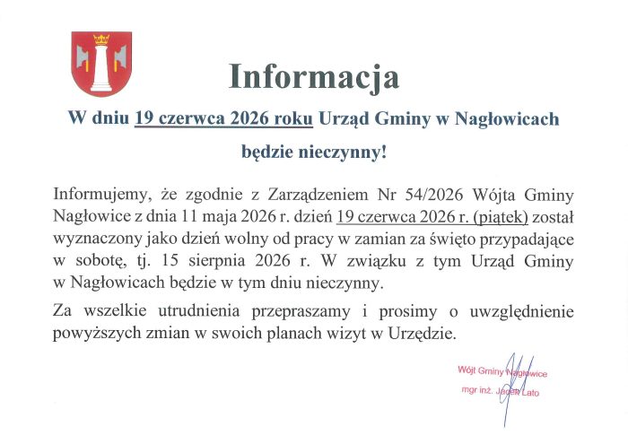Miniaturka artykułu W dniu 19 czerwca 2026 roku Urząd Gminy w Nagłowicach będzie nieczynny