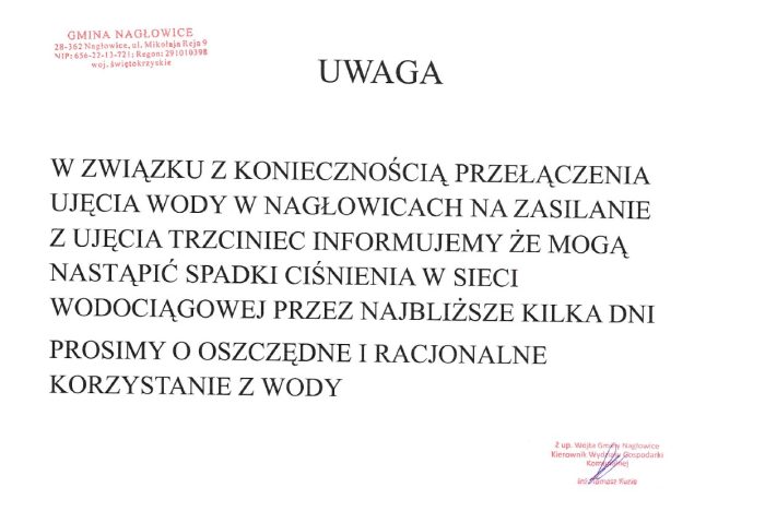 Miniaturka artykułu UWAGA! Możliwe spadki ciśnienia wody w związku z koniecznością przełączenia ujęcia wody w Nagłowicach na zasilanie z ujęcia Trzciniec.