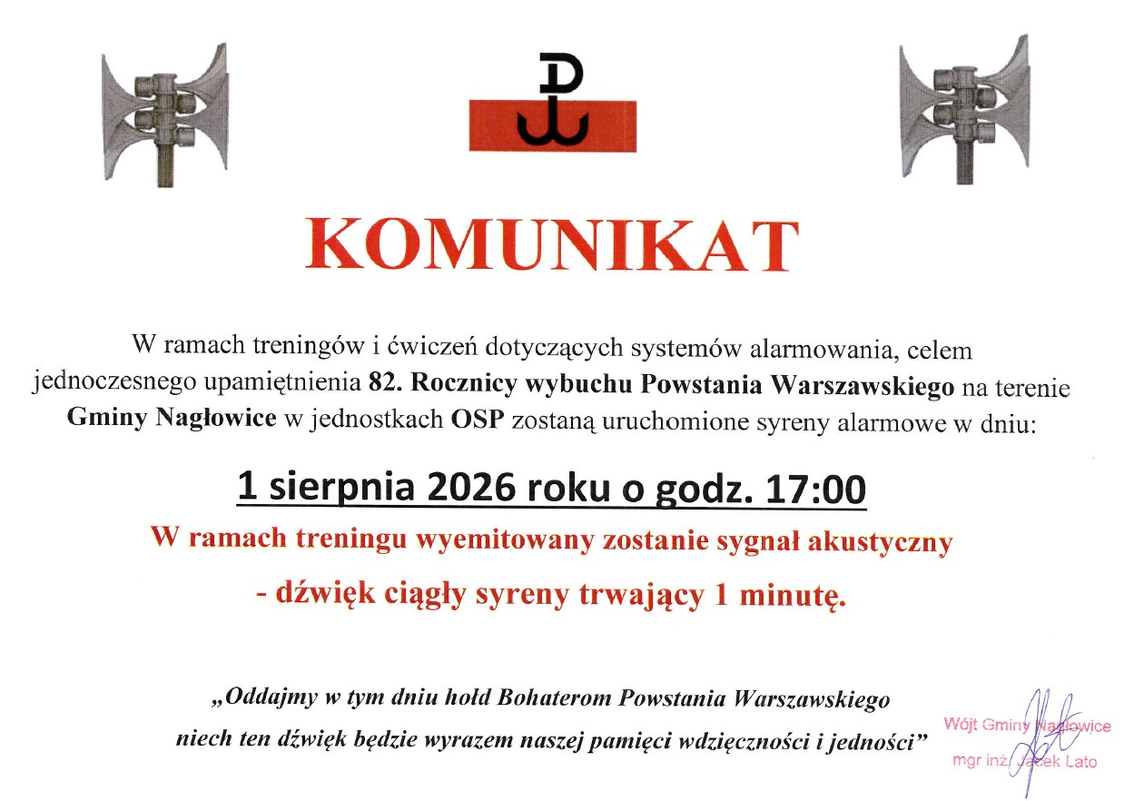 1 sierpnia 2026 roku o godz. 17:00 na terenie Gminy Nagłowice zostaną uruchomione syreny alarmowe.