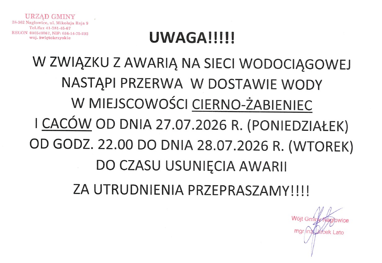 W związku z awarią sieci wodociągowej nastąpi przerwa w dostawie wody w miejscowości Cierno-Żabieniec i Caców w dniach 27-28.07.2026r.