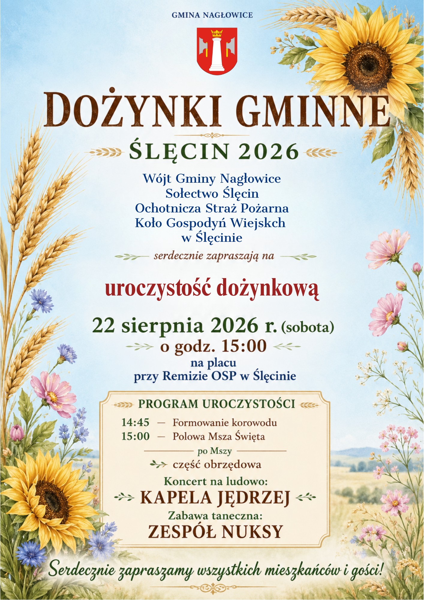 Zaproszenie na Dożynki Gminne w dniu 22 sierpnia 2026 roku