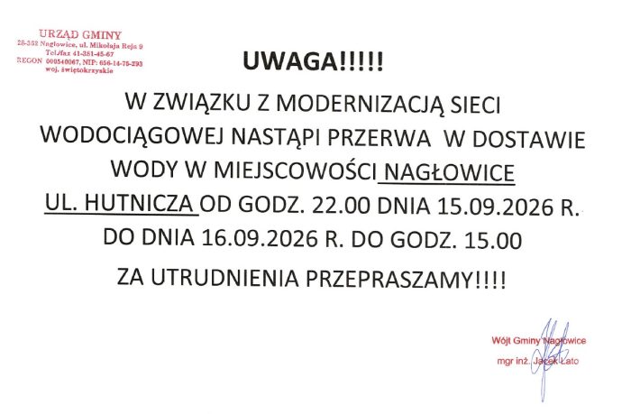 Miniaturka artykułu Przerwa w dostawie wody w Nagłowicach ul Hutnicza w dniach 15-16.09.2026 roku