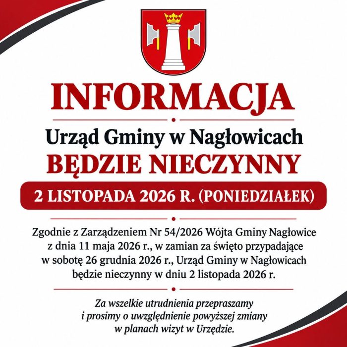 Miniaturka artykułu W dniu 2 listopada 2026 roku Urząd Gminy w Nagłowicach będzie nieczynny